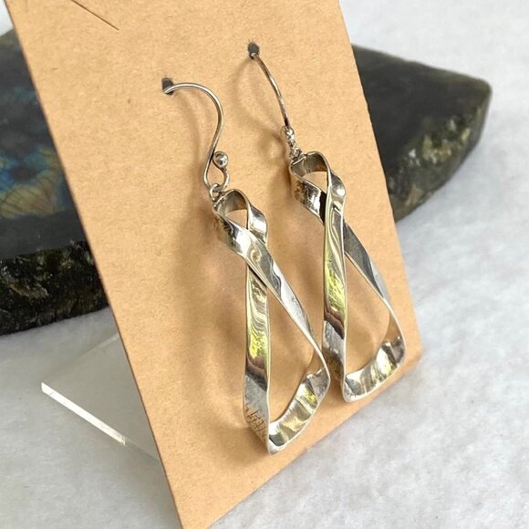 Sterling Silver 925 Mexico HOB 2.36" Modernist Twisted Elongated Hoop Earrings - Picture 7 of 16